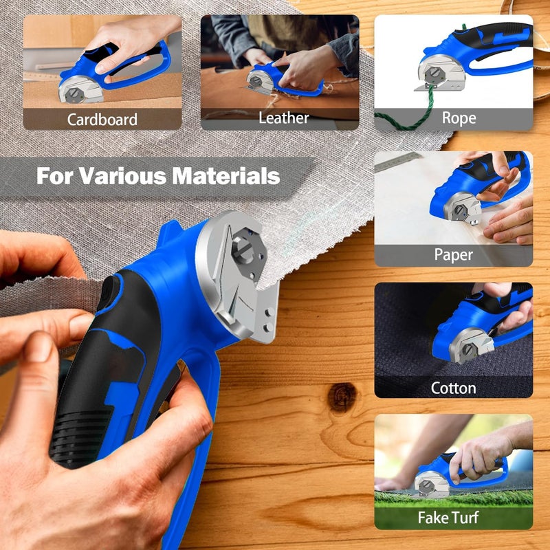 Pratuor Cordless Electric Scissors, 4V Box Cutter & Cardboard Cutter with 2 Titanium Blades - Rotary Cutter with LED Light for Fabric, Leather, Carpet, Plastic, Crafting + Storage Case (Royal Blue) - Image 3